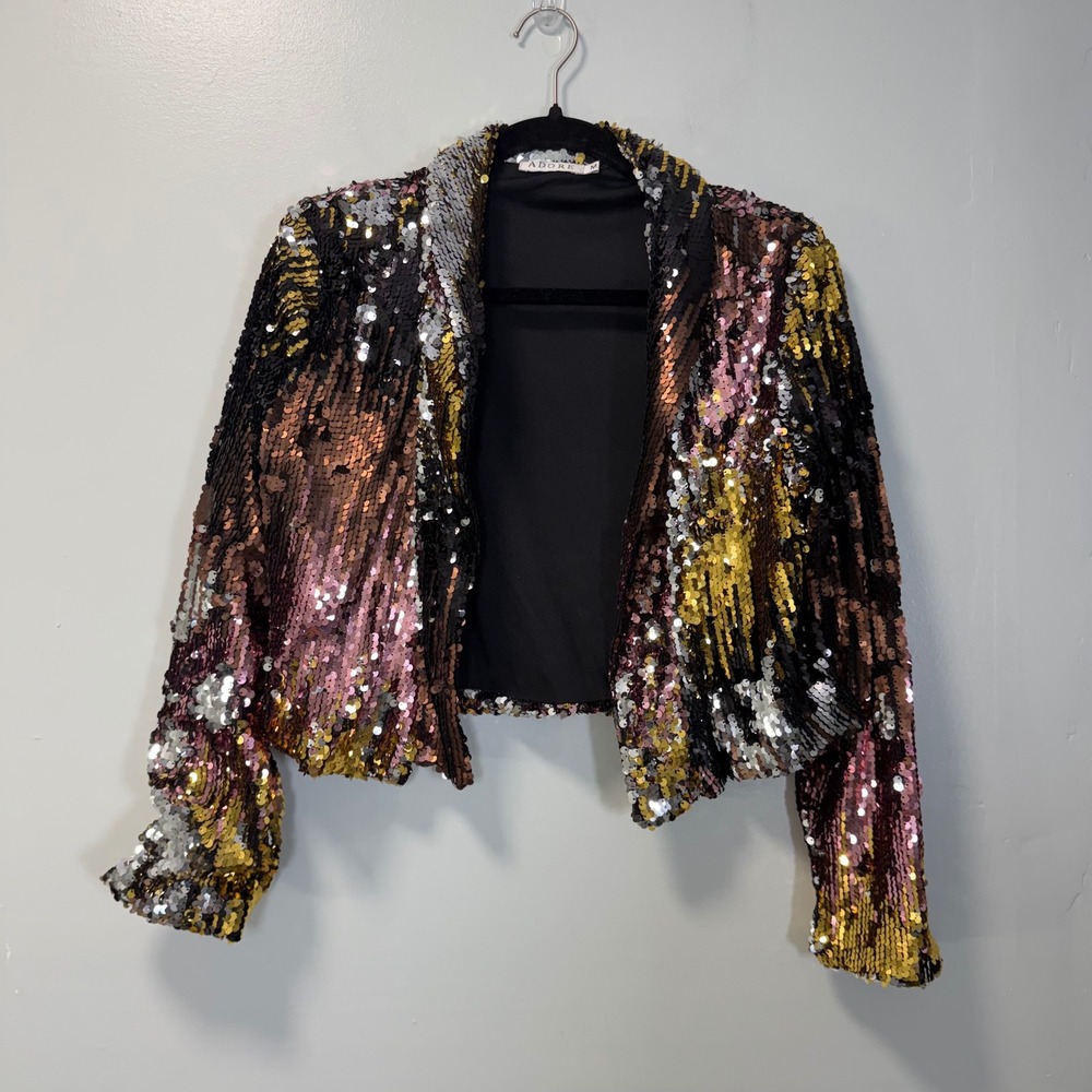 Adore Vintage Sequin Cropped Blazer Jacket Gold Silver Pink Black Medium